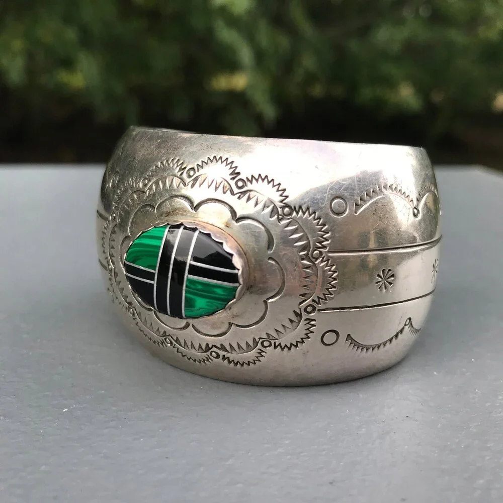Vintage Sterling Silver Cuff Bracelet Inlay work Stamped Mexican Silver Jewelry - Picture 3 of 8